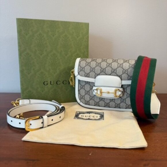 Gucci Horsebit 1955 Small Shoulder Crossbody Bag GG Supreme Canvas White Leather - Picture 1 of 5